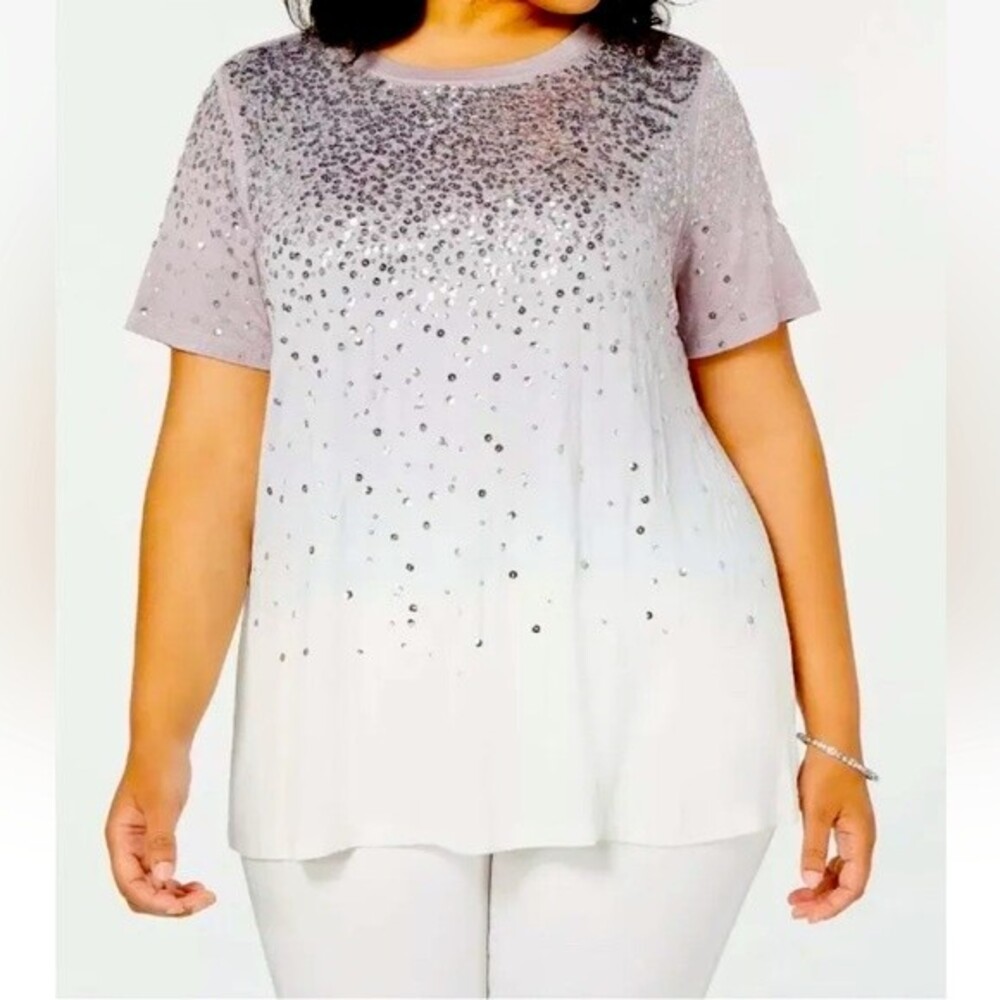 INC International Concepts Women's Large T-Shirt Lilac Fields Sequin Top